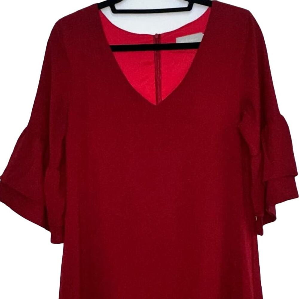 Vintage Red Bell Sleeve Shift Dress V-Neck Flowy Retro Party Dress Size Small - Picture 4 of 10